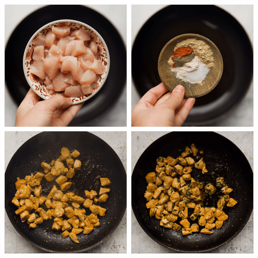 Was en snijd de kipfilet in stukken. Verhit de olijfolie in een koekenpan op middelhoog vuur. Voeg het zout, paprikapoeder, knoflookpoeder, uienpoeder en de cayennepeper toe. Bak 5-6 minuten. Voeg de gehakte peterselie toe en meng goed.