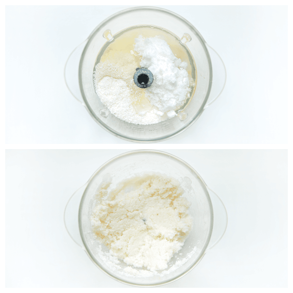 Doe de geraspte kokos, 2 eiwitten, melk en suiker in een hakmolen. Mix tot een geheel.