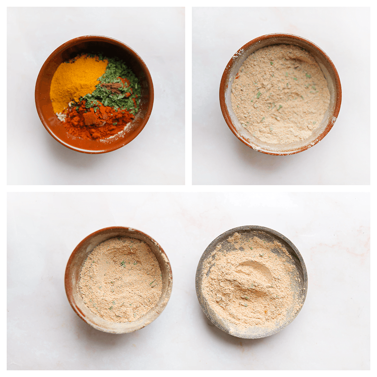 Kruidenmengsel maken en mengen in een kom en verdelen in 2 porties