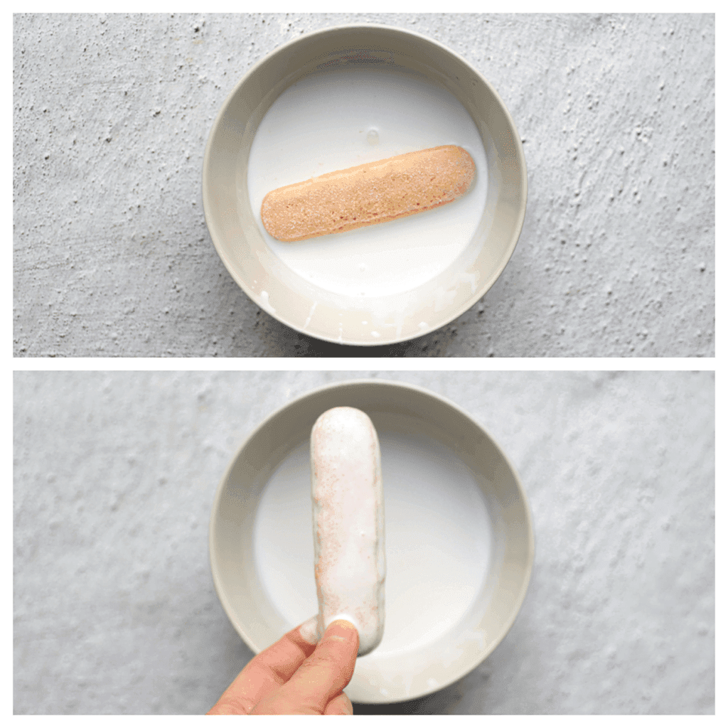 Doe de kokosmelk in een kom. Haal de lange vingers één voor één door de kokosmelk en verdeel deze over de bodem van een ovenschaal/bakvorm.