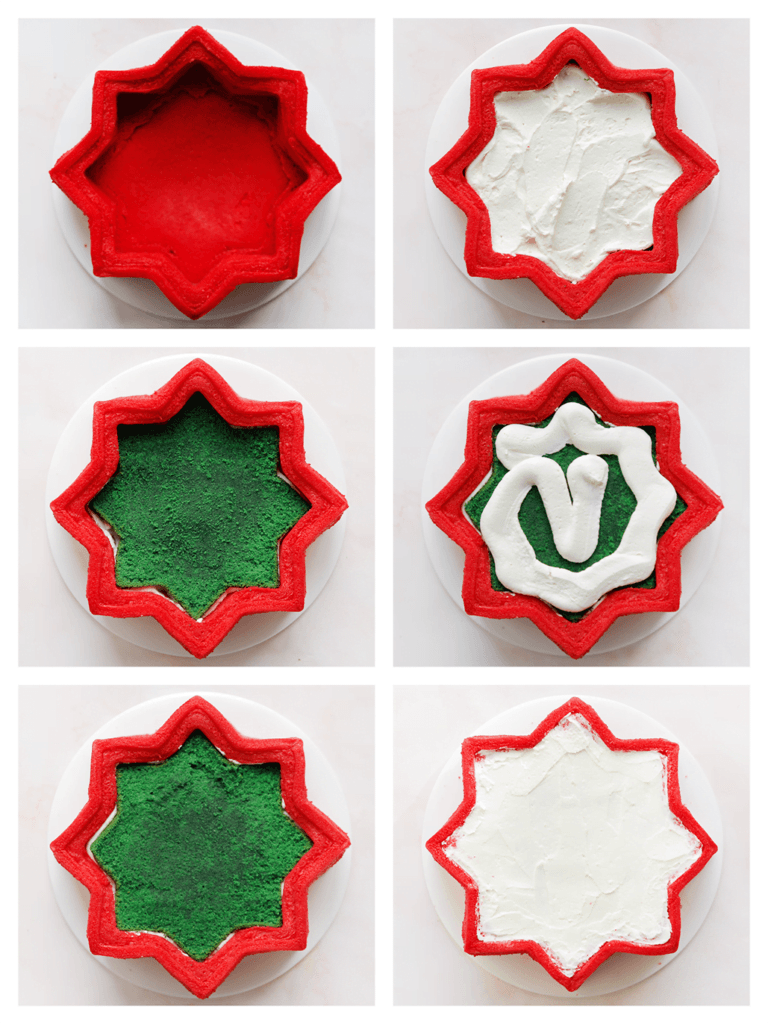 Vul de ster met een gedeelte van de room en leg de groene cake-ster erop. Spuit er weer een laagje room op en leg de groene cake-ster erop. Smeer er op het eind lichtjes wat room over.