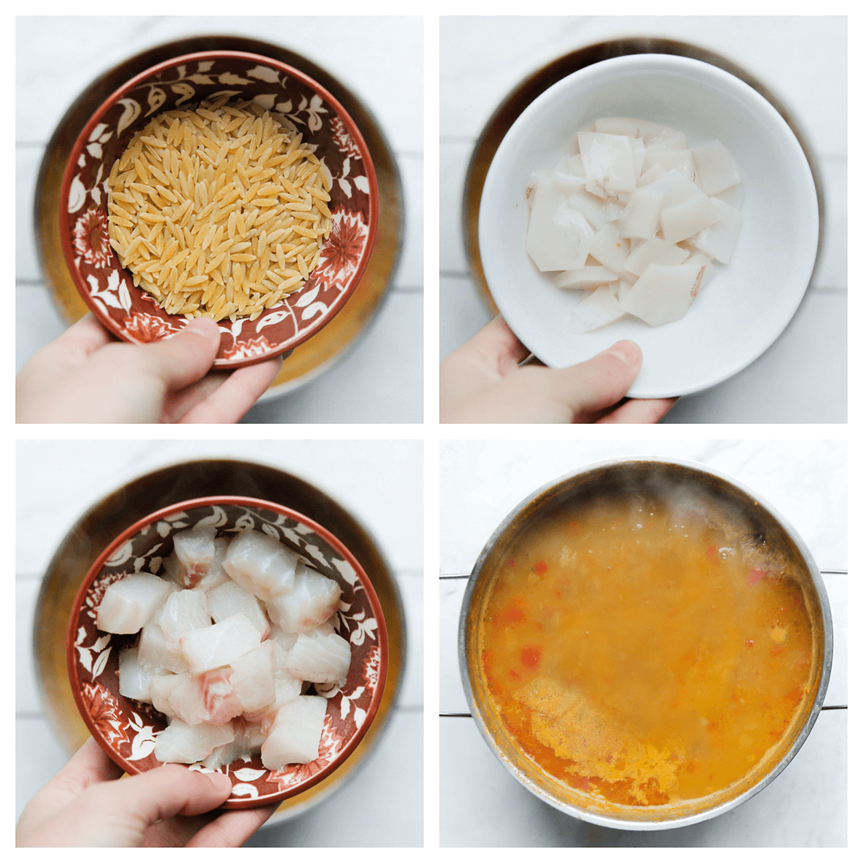 Orzo, inktvis, kabeljauw toevoegen aan de soep en 15 minuten koken