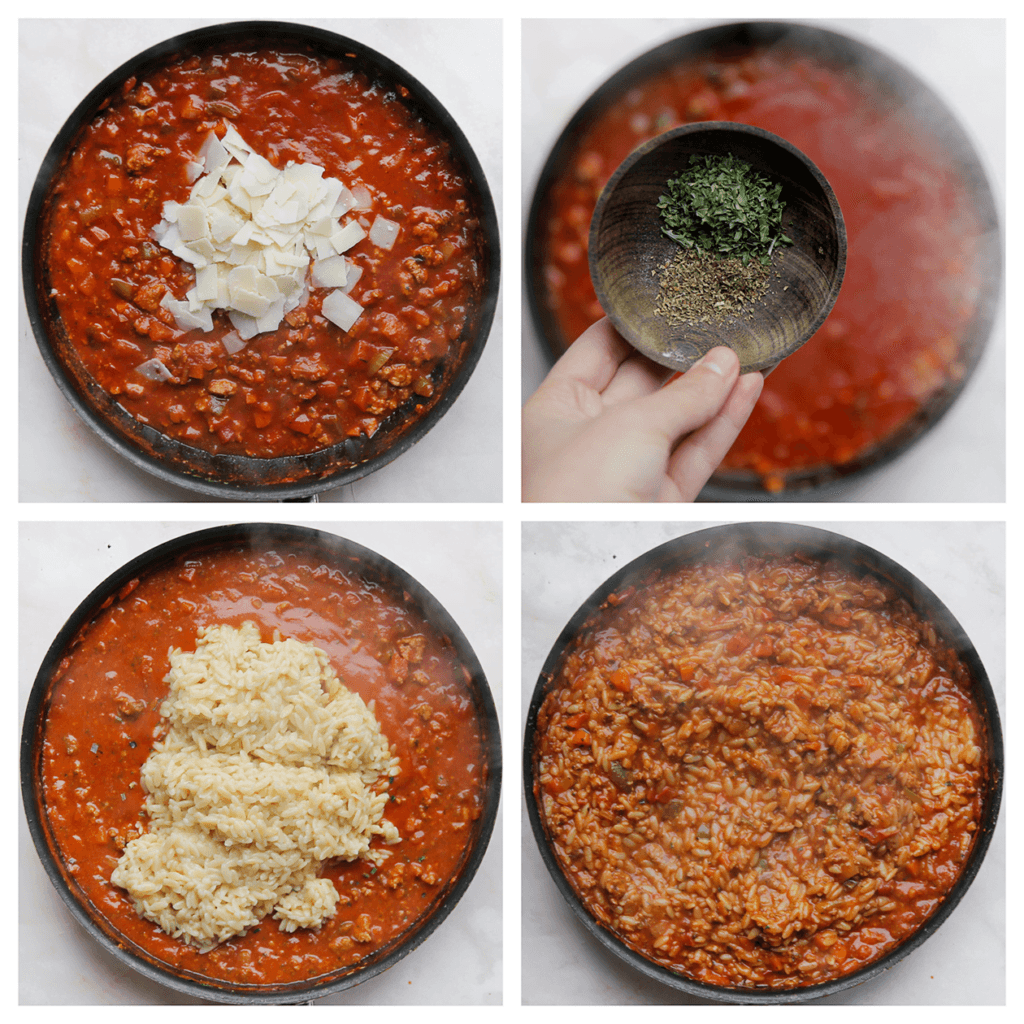 Voeg de Parmezaanse kaas toe en kook tot een geheel. Zet het vuur uit. Voeg de gedroogde oregano en gedroogde peterselie toe. Meng goed. Voeg zout toe naar smaak. Voeg de orzo toe en meng tot een geheel.