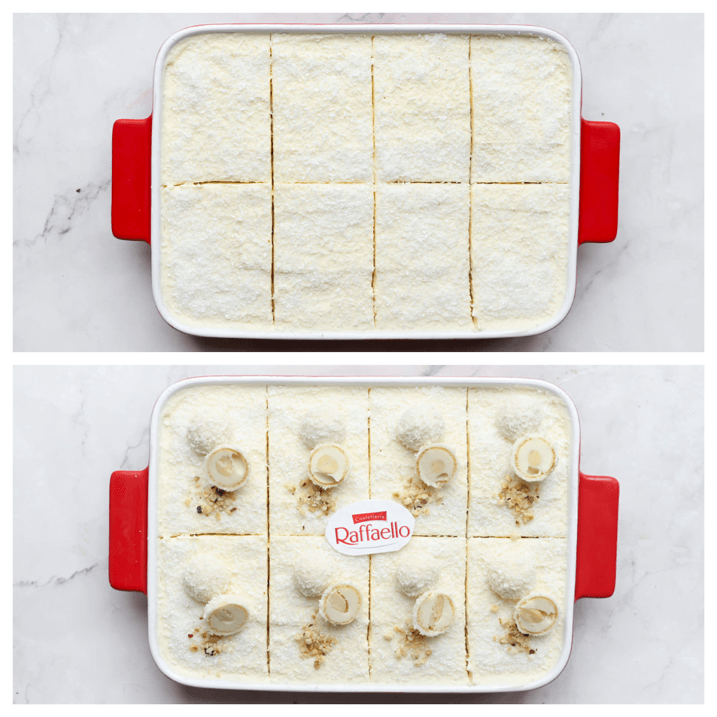 Snijd de kokos tiramisu in stukken. Garneer elk stuk met geraspte kokos, gehakte hazelnoot en Raffaello’s.