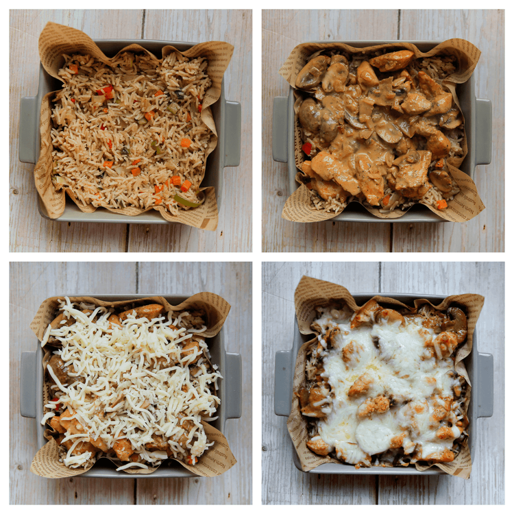 Verdeel het rijstmengsel over een bord en schep het kipmengsel erover. Je kunt het ook in een ovenschaal doen met wat geraspte kaas erover. Leg deze dan in een voorverwarmde oven op 200 ℃. Bak 8-10 minuten of tot de mozzarella is gesmolten.