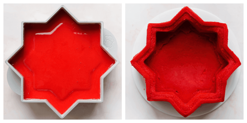 Vet de (diepe) binnenkant van de bakvorm goed in met roomboter (gebruik 25 gr roomboter, geen margarine). Voeg een grote deel van het cakebeslag toe (650 gr). Zet de cake in een voorverwarmde oven op 160 ℃. Bak 28-35 minuten of tot je er met een satéprikker in prikt en er droog uitkomt.