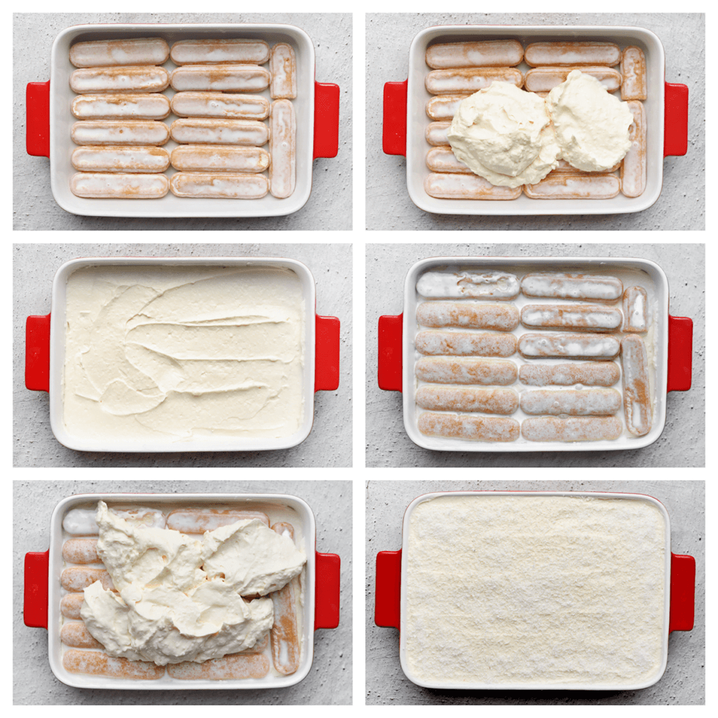 Schep de helft van de room over de lange vingers en smeer deze goed uit. Verdeel nog een laag van de lange vingers over de room met daarop de overige room. Smeer weer goed uit. Strooi er wat geraspte kokos over. Leg de kokos tiramisu 4-5 uur, afgedekt, in de koelkast om op te stijven. Het liefst een nachtje zodat de smaken goed intrekken.