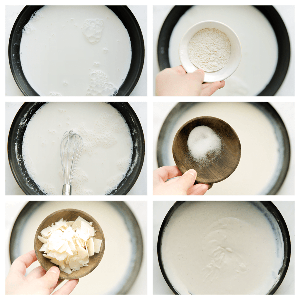 Verhit de koekenpan op middelhoog vuur. Voeg de melk en bloem toe. Meng met een garde tot het is ingekookt. Voeg de Parmezaanse kaas, het zout en de zwarte peper toe. Meng goed.