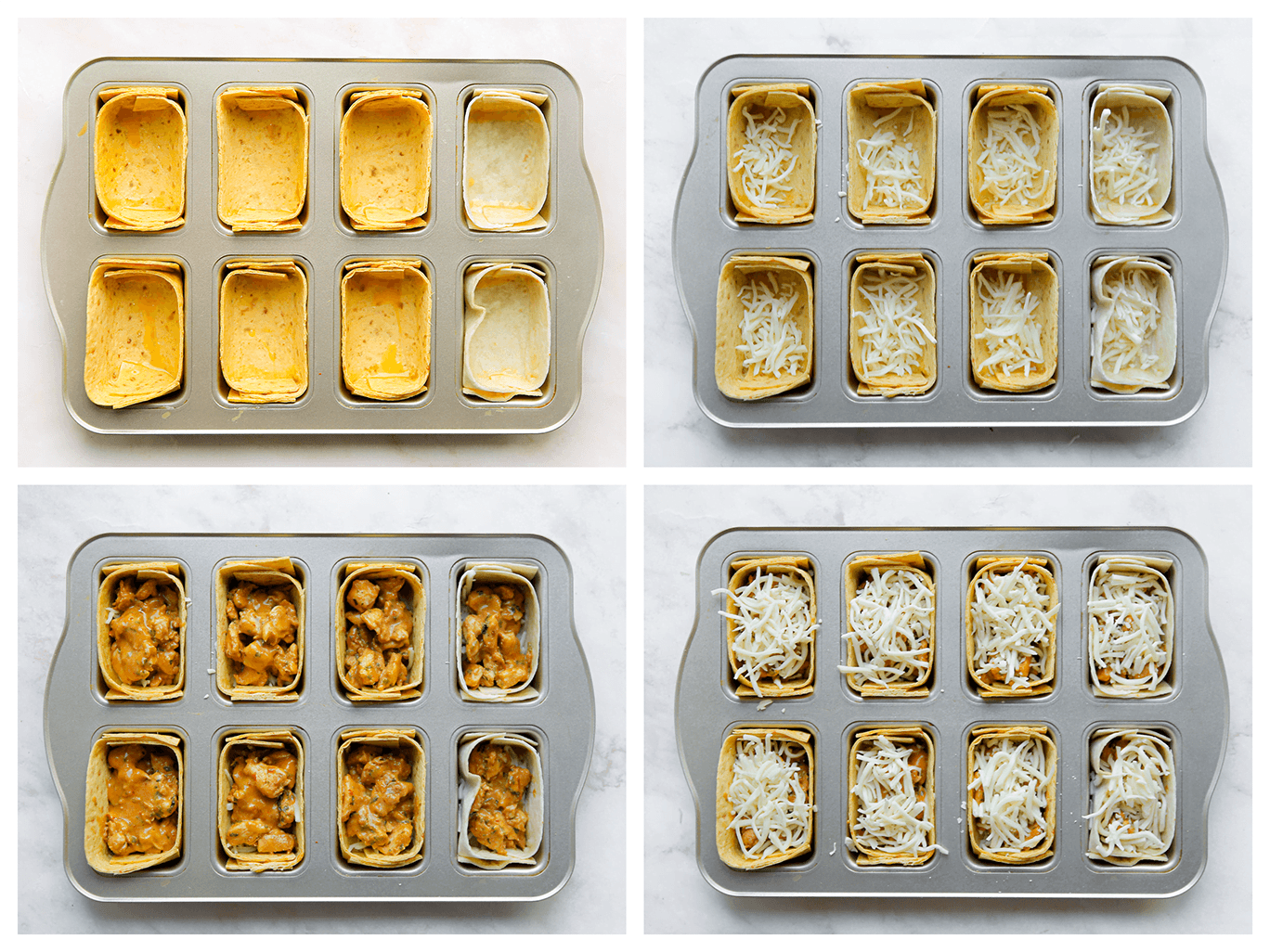 Tortilla cups verdelen over een bakvorm en vullen met het kipmengsel en wat geraspte mozzarella