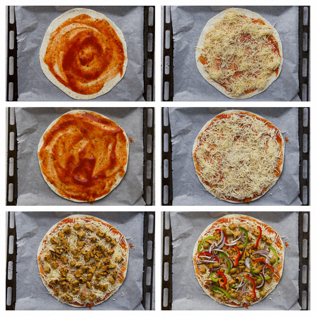 Neem een wrap en verdeel er wat tomatensaus over. Strooi er geraspte mozzarella op naar wens. Leg er een andere wrap op en smeer er weer wat tomatensaus op. Top het af met geraspte mozzarella, kip, rode ui, rode paprika, groene paprika, groene olijven en Italiaanse kruiden.