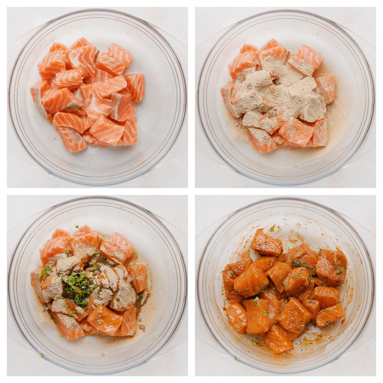 Zalm mengen met verse kruiden, peterselie en olijfolie in een diepe kom