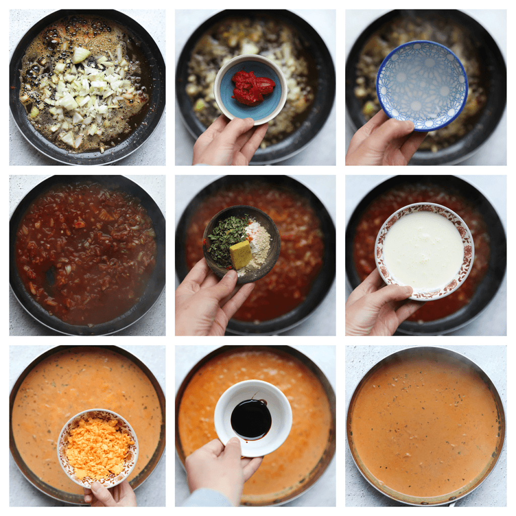 Verhit weer wat roomboter (25 g) in dezelfde pan op middelhoog vuur. Voeg de gele ui toe en bak 3-4 minuten. Voeg de tomatenpuree en het pastawater toe. Kook 2 minuten. Voeg de uienpoeder, knoflookpoeder, cayennepeper, gedroogde peterselie toe, en verkruimel het kippenbouillonblokje boven de pan. Meng goed. Voeg de ongeklopte slagroom toe en kook 5 minuten of tot de saus is ingedikt. Voeg de cheddar kaas en geraspte kaas toe. Roer tot de kaas gesmolten is. Voeg als laatst de ketjap manis toe. Meng goed.