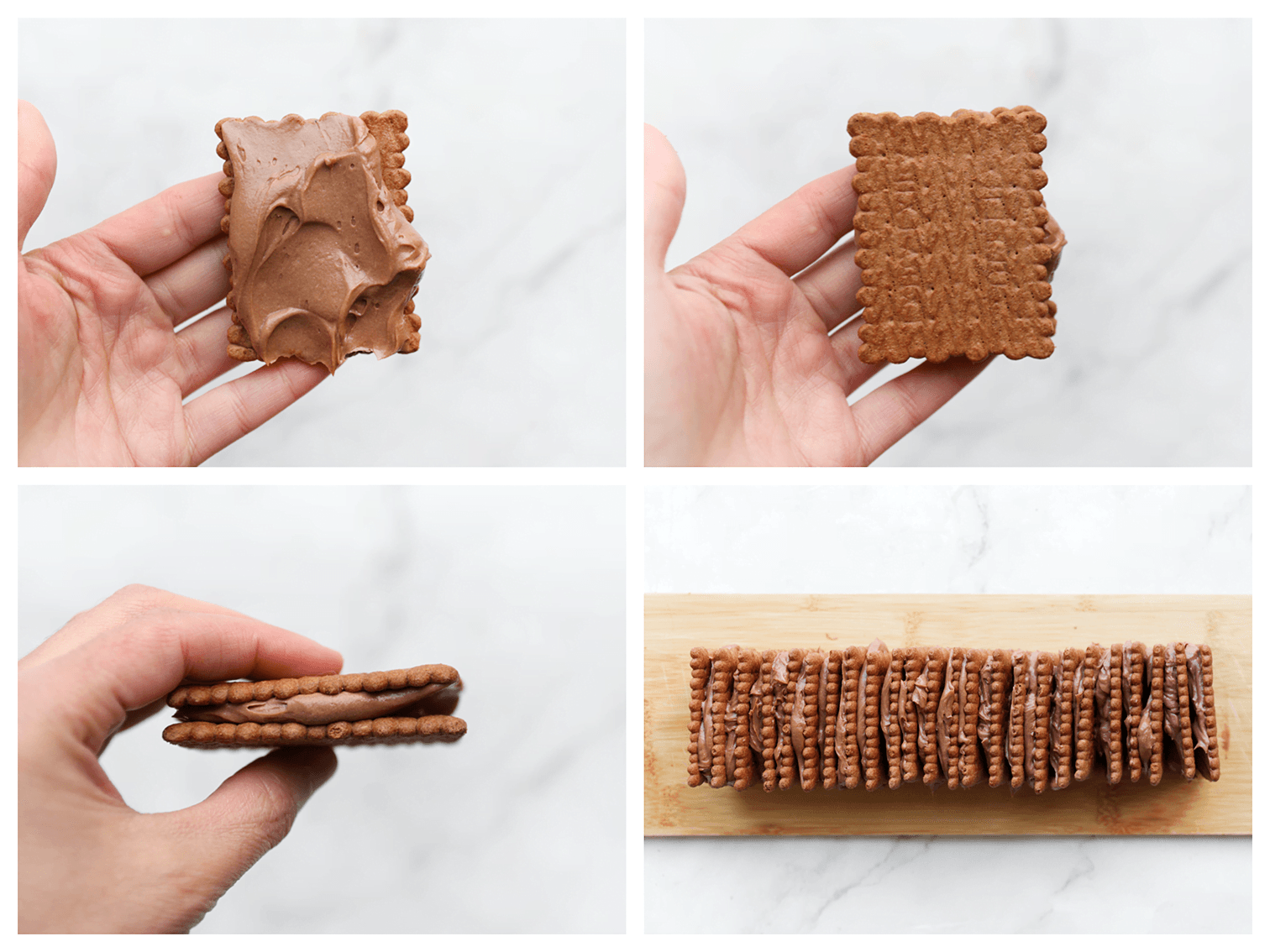 Chocoladeroom uitsmeren over de koekjes en naast elkaar plakken