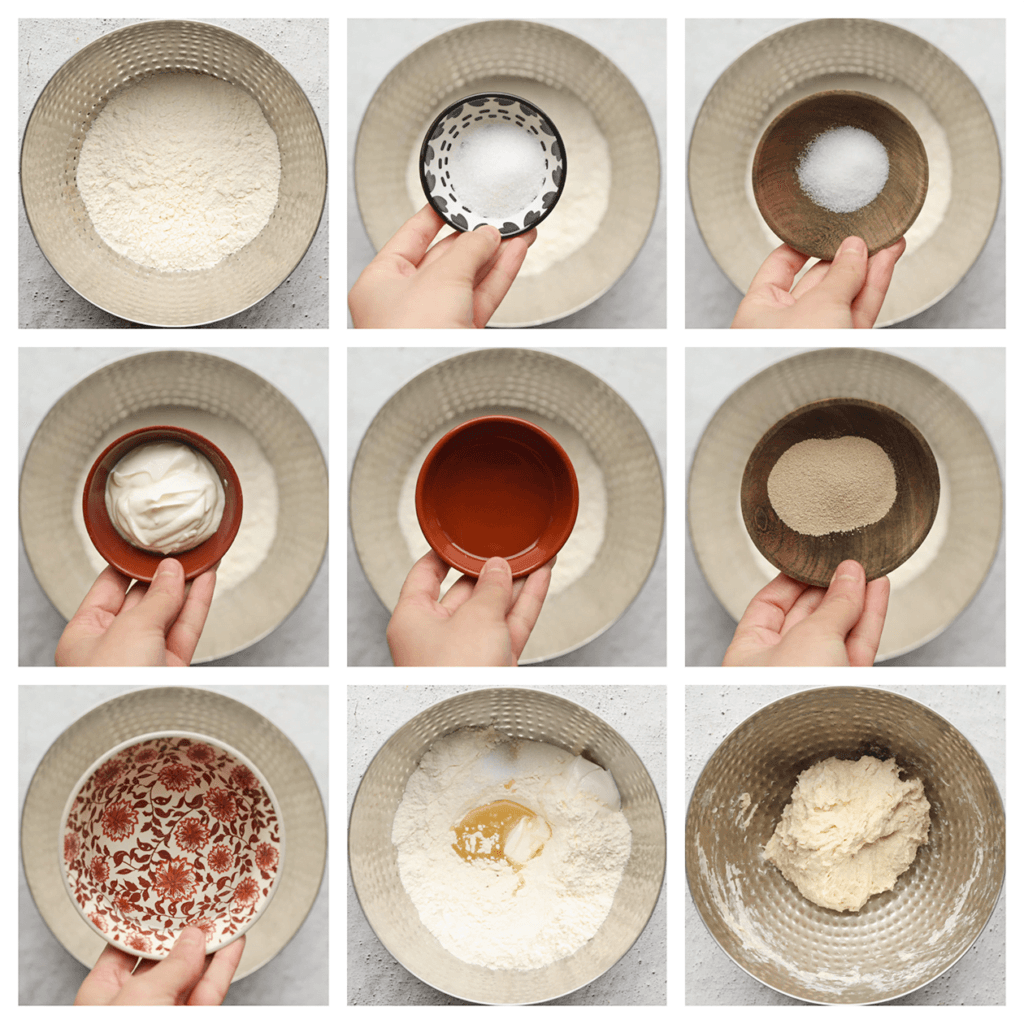 Doe de bloem, suiker, het zout, de yoghurt, zonnebloemolie, gist en het water in een diepe kom. Meng/kneed 3-5 minuten en laat even 10 minuten rusten.