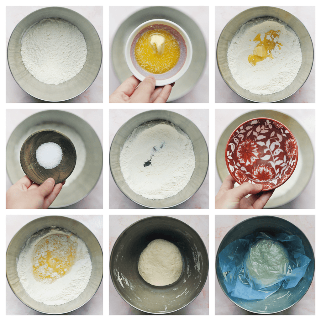 Doe de bloem samen met het zout, water en de roomboter in een diepe kom. Meng goed en kneed 10 minuten. Dek het deeg af en laat deze 20-30 minuten staan.