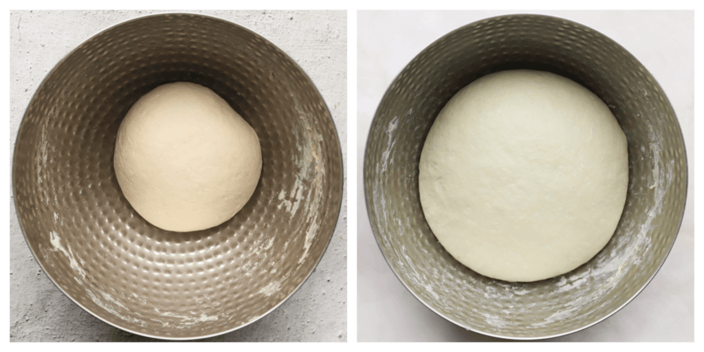 Kneed het deeg 10 minuten verder, je zult merken dat het deeg nu meer handelbaar is. Dek het deeg af en laat 1 uur rijzen op een warme plek in huis of tot de omvang van het deeg is verdubbeld.