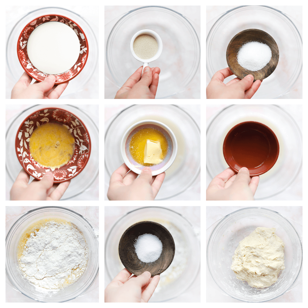 Doe de lauwwarme melk samen met de witte basterdsuiker, vanillesuiker en gist in een kom. Meng goed. Voeg de gesmolten roomboter, het eiwit en ei toe. Meng tot een geheel. Voeg de bloem en het zout toe. Meng/kneed 10 minuten tot een geheel.