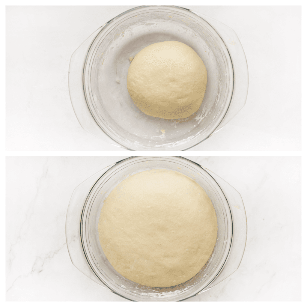 Kneed het deeg 10 minuten. Dek het deeg af en laat 1 uur rijzen op een warme plek in huis of tot deze in omvang is verdubbeld.