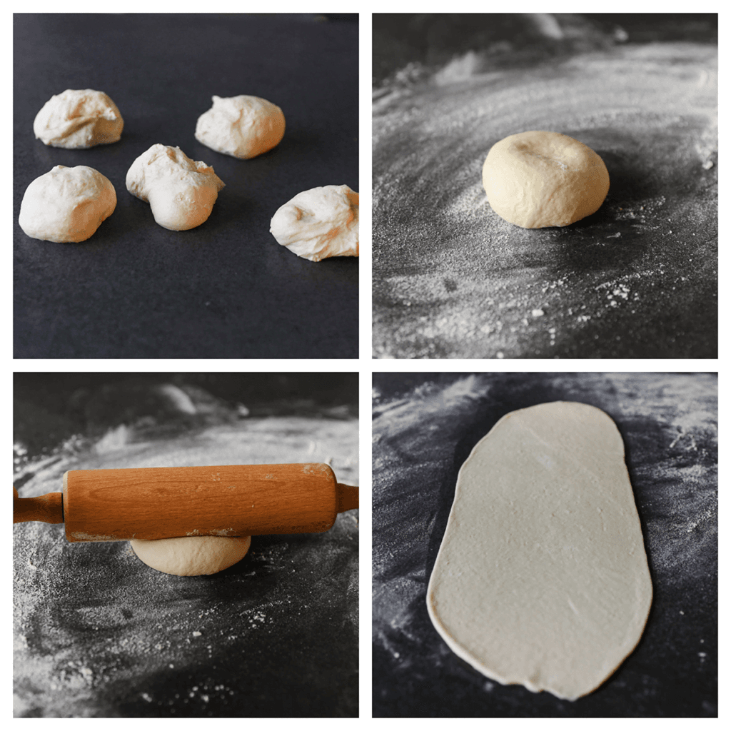 Stort het deeg op een bloem bestoven werkplek. Rol deze uit met een deegroller tot een ovaalvormige lap deeg (45 bij 15 cm).