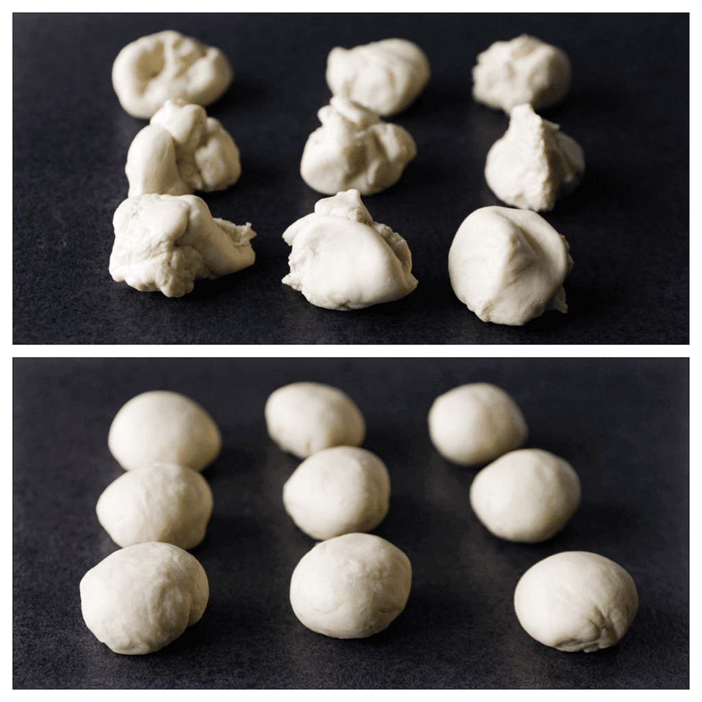 Verdeel het deeg in 9 gelijke stukken (53 gr per portie). 