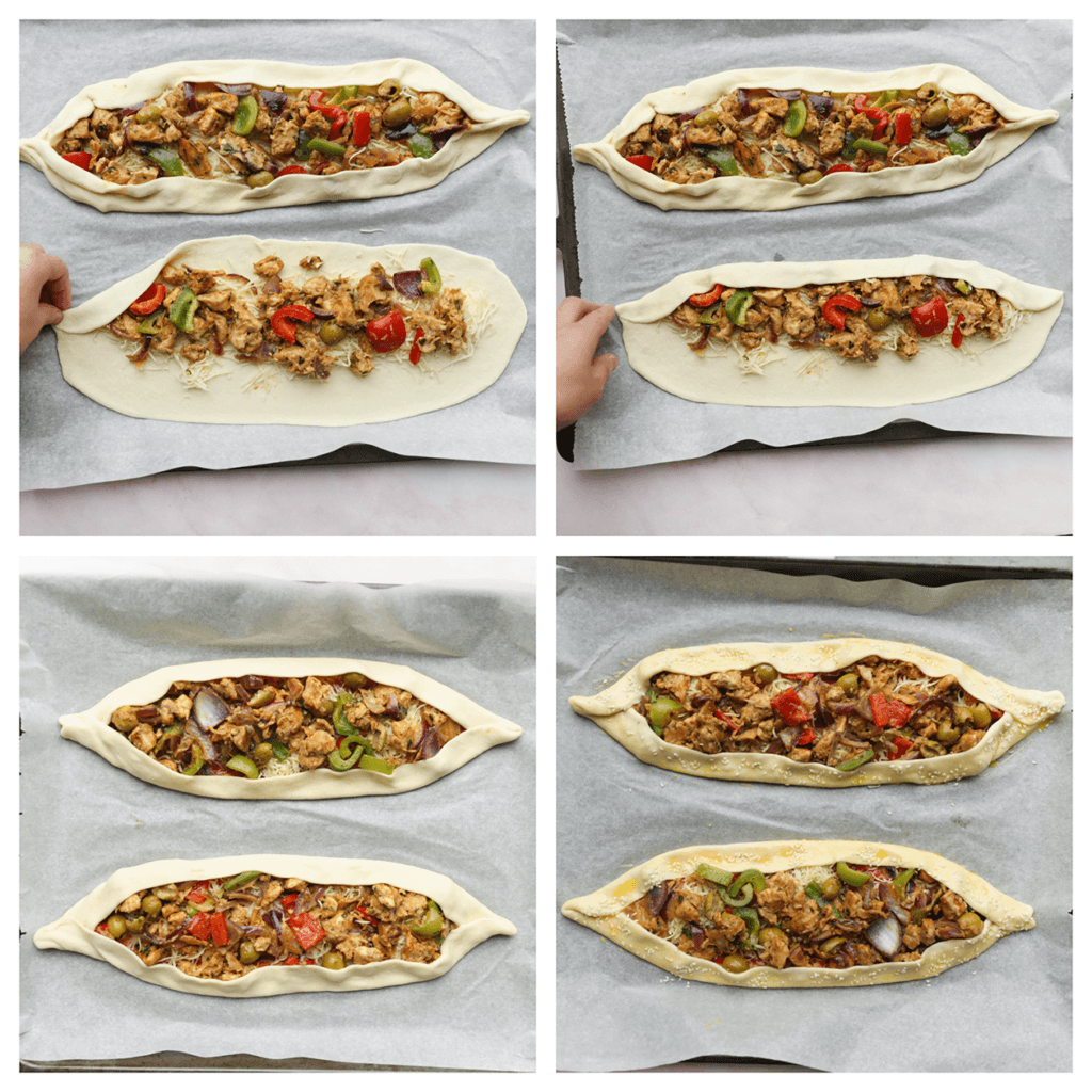 Vouw een beetje van de zijkant dicht. Smeer wat eigeel op de randen en strooi er wat sesamzaad op. 