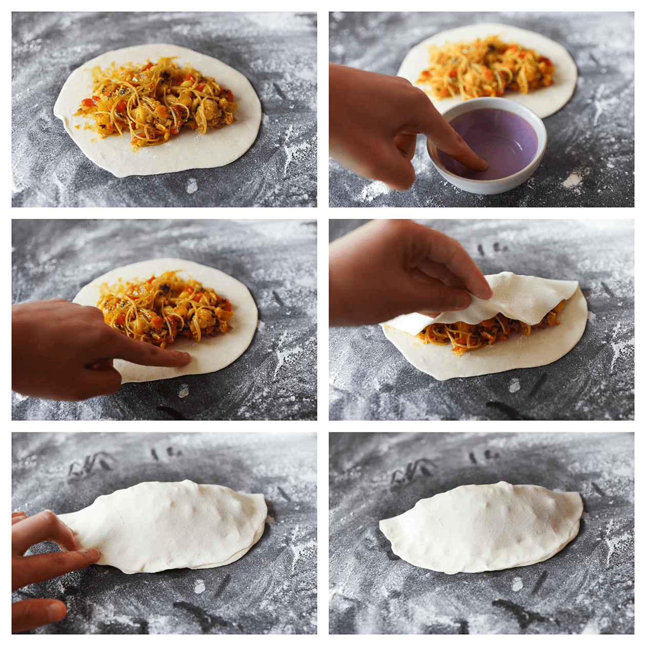 Deeg vullen met het vismengsel en dichtvouwen