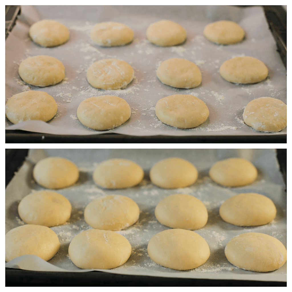 Neem een bakplaat met bakpapier. Strooi hier wat bloem over. Vorm de bollen mooi rond en leg meteen op de bakplaat. Druk iets plat (1,5 tot 2 cm dikte). Laat het deeg, afgedekt, 30 minuten rijzen of tot deze in formaat is verdubbeld.