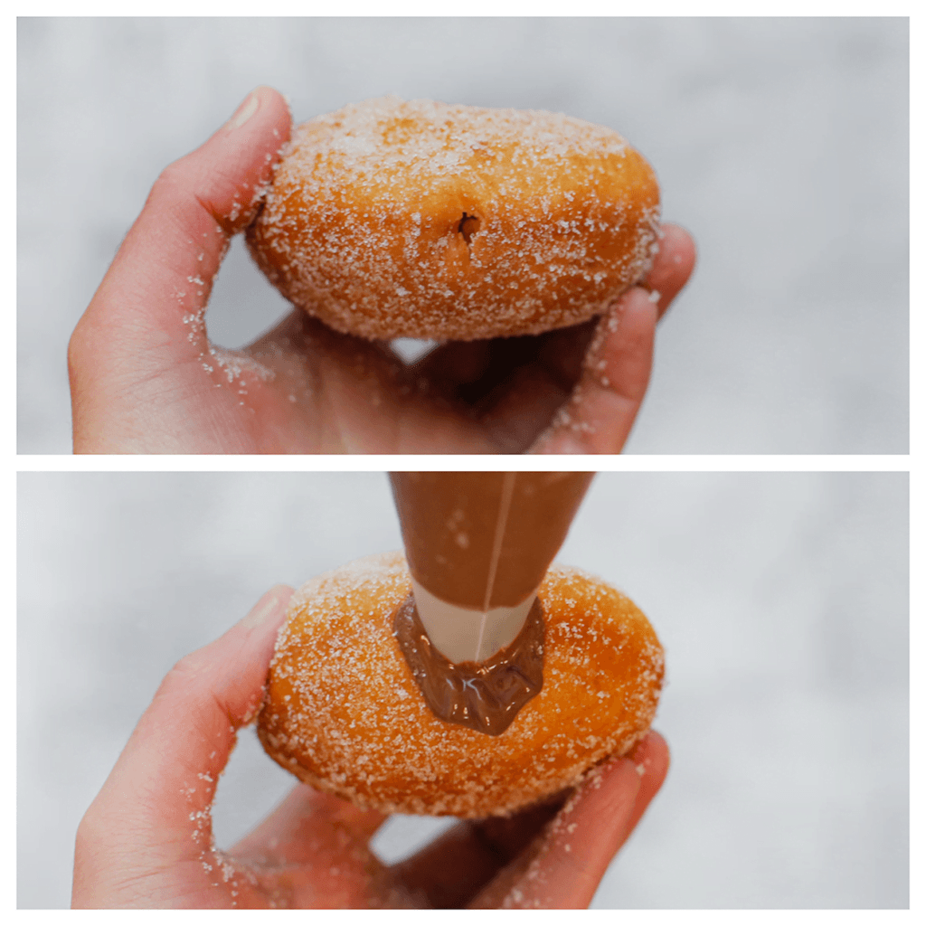 Neem een donut en maak hier met een dun voorwerp een gat in (ik heb een chopstick voor gebruikt). Vul de donuts met Nutella.