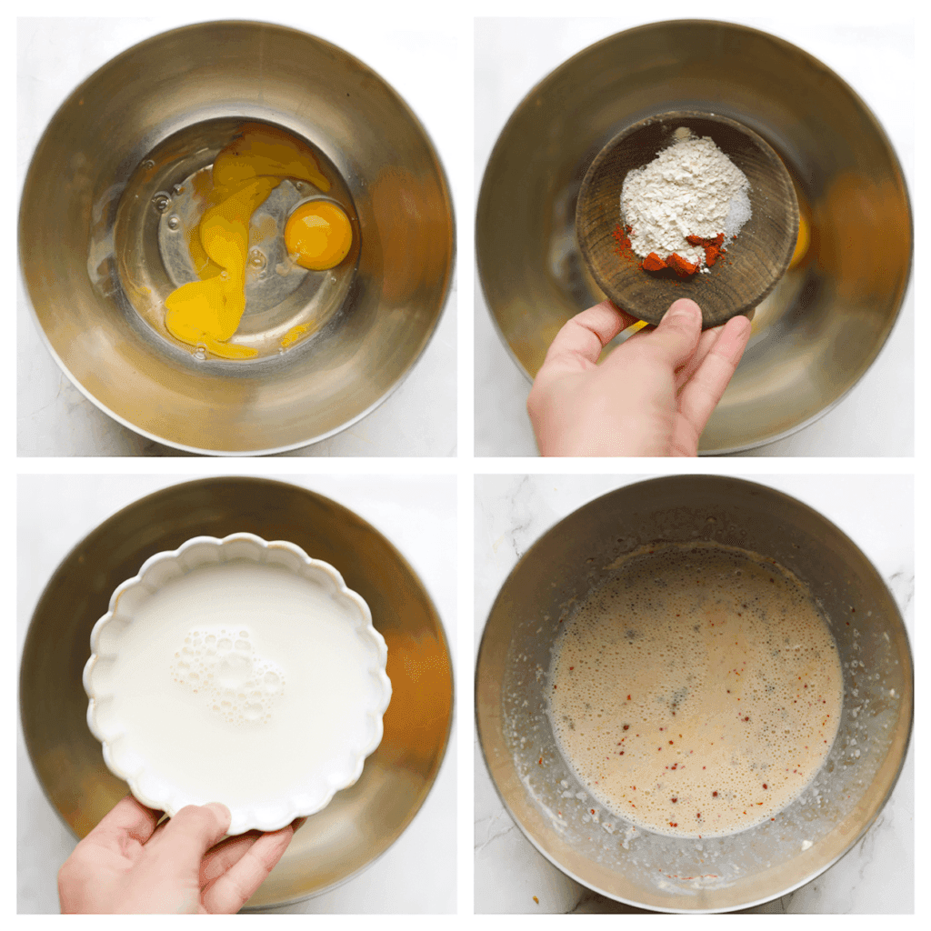 Doe de melk samen met de eieren, paprikapoeder, het zout en uienpoeder in een diepe kom. Meng goed.