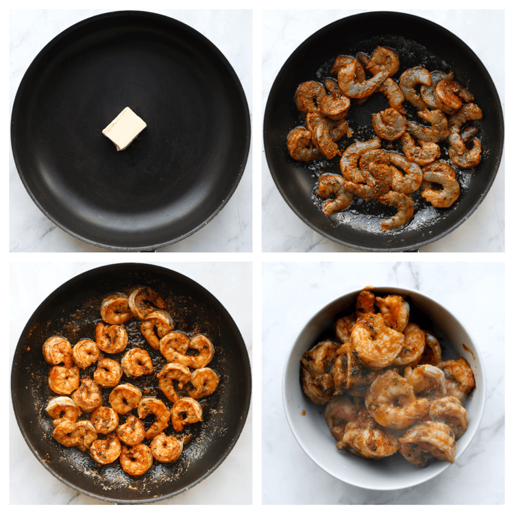 Verhit de roomboter in een koekenpan op middelhoog vuur. Bak de garnalen aan beide kanten gaar. Schep de garnalen uit de koekenpan en leg apart.