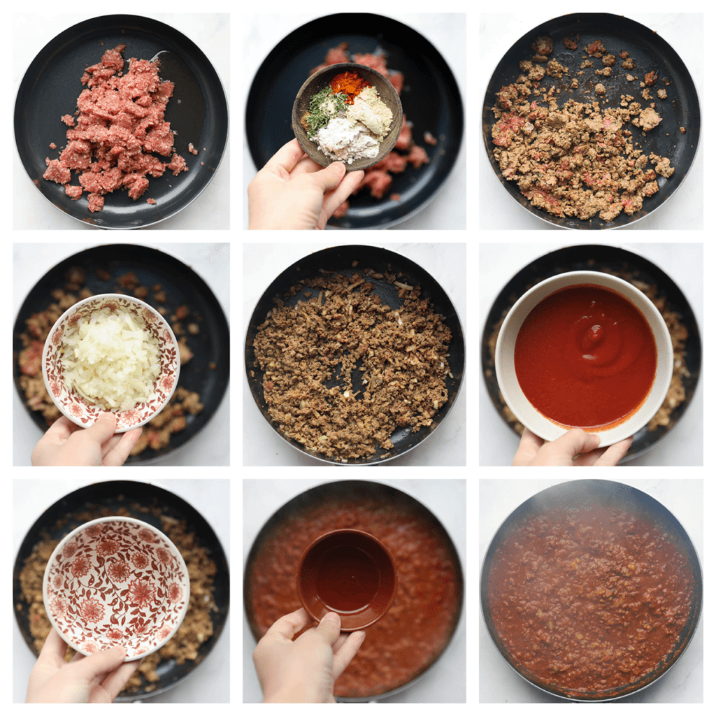 Verhit de olijfolie in een koekenpan op middelhoog vuur. Voeg het gehakt, komijnpoeder, de Italiaanse kruiden, gedroogde peterselie, paprikapoeder, knoflookpoeder, uienpoeder en het zout toe. Bak 3-4 minuten. Voeg de gele ui toe en bak 4 minuten. Voeg de gezeefde tomatensaus en het water toe. Kook tot de saus is ingedikt. Voeg als laatst de honing toe en meng goed. Laat het gehaktmengsel even afkoelen.