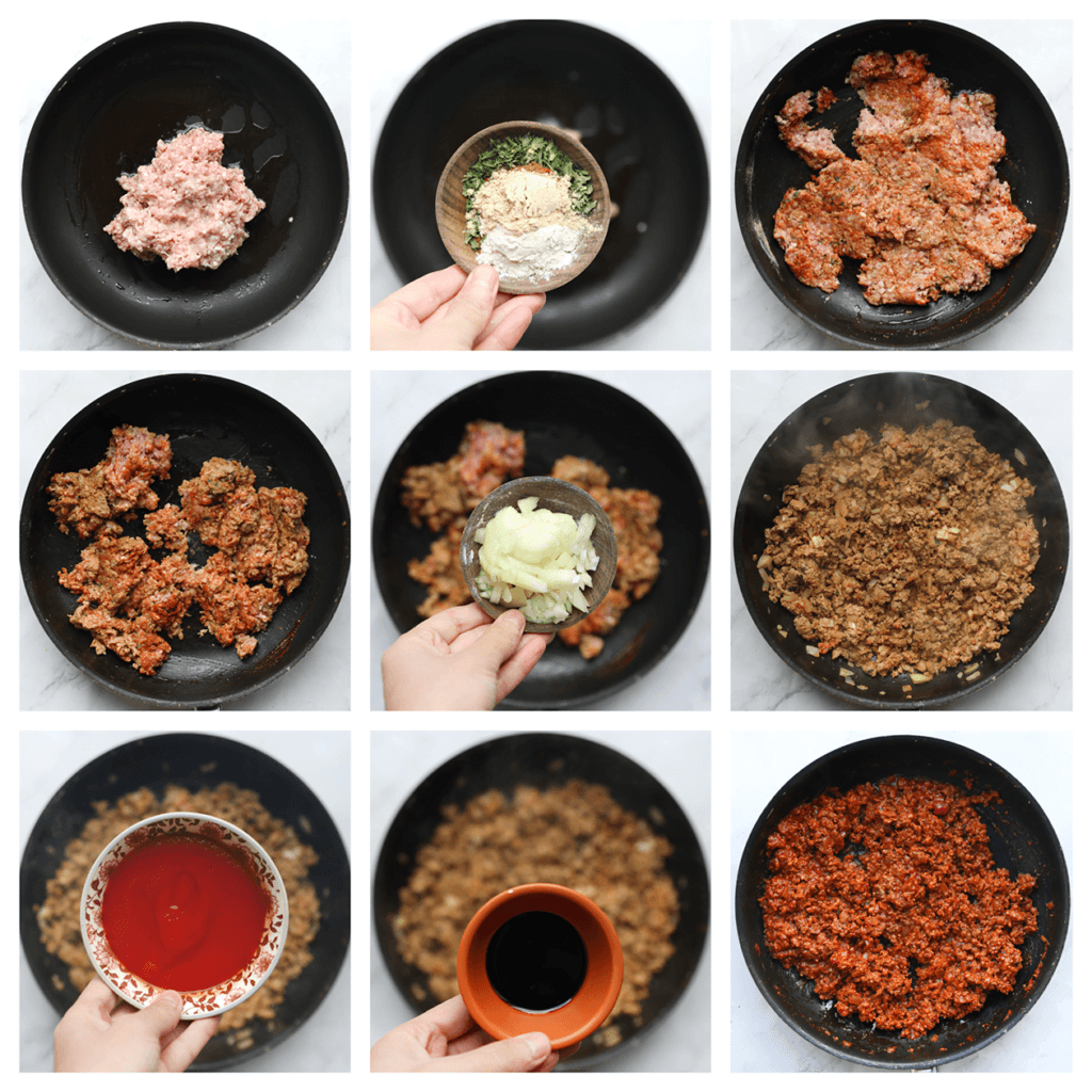 Verhit de olijfolie in een koekenpan op middelhoog vuur. Voeg het gehakt, knoflookpoeder, komijnpoeder, uienpoeder, paprikapoeder, de zwarte peper, cayennepeper, gedroogde peterselie en het zout toe. Bak 2 minuten. Voeg de gele ui toe en bak 4 minuten. Voeg de tomatensaus en ketjap manis toe. Kook 4 minuten tot een geheel.