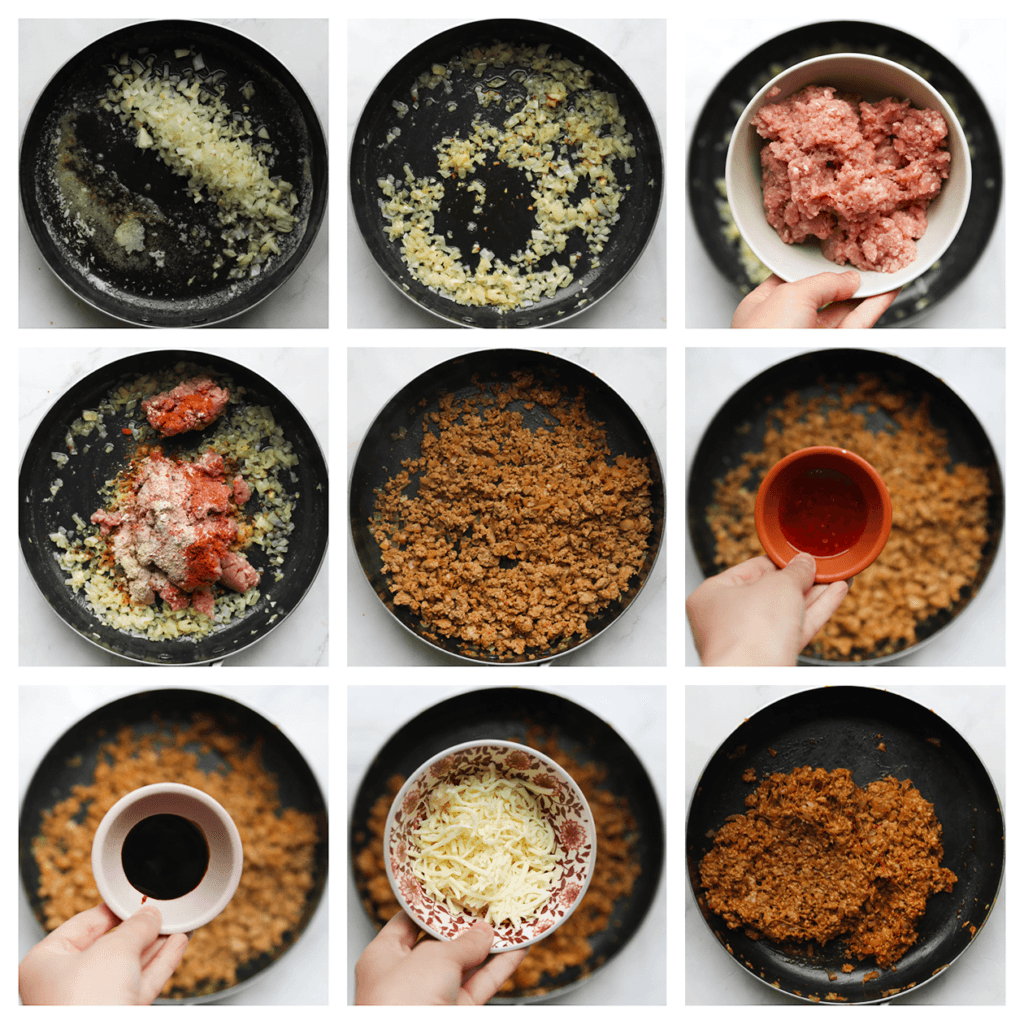 Verhit de roomboter in een koekenpan op middelhoog vuur. Voeg de gele ui toe en bak 3-4 minuten. Voeg het gehakt, zout, uienpoeder, knoflookpoeder, de cayennepeper, paprikapoeder toe. Bak 6-7 minuten. Voeg de chilisaus en ketjap manis toe. Bak 1 minuut mee. Zet het vuur uit en voeg de geraspte kaas toe. Meng goed.