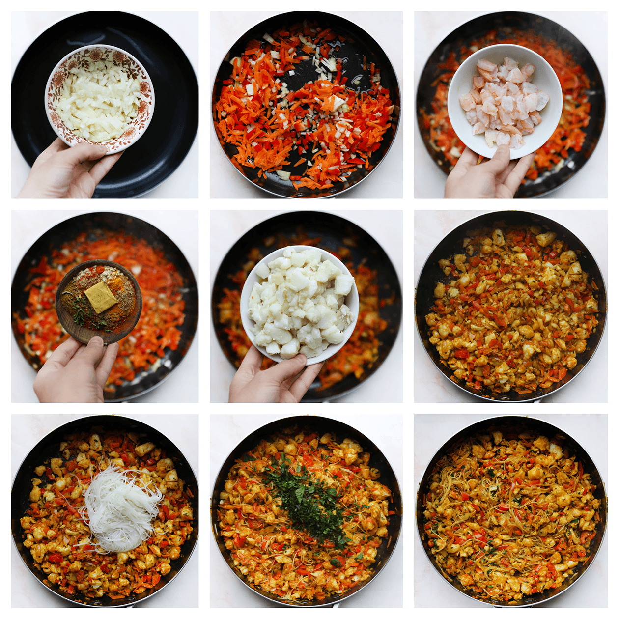 Groenten bakken met vis en verse kruiden in een koekenpan