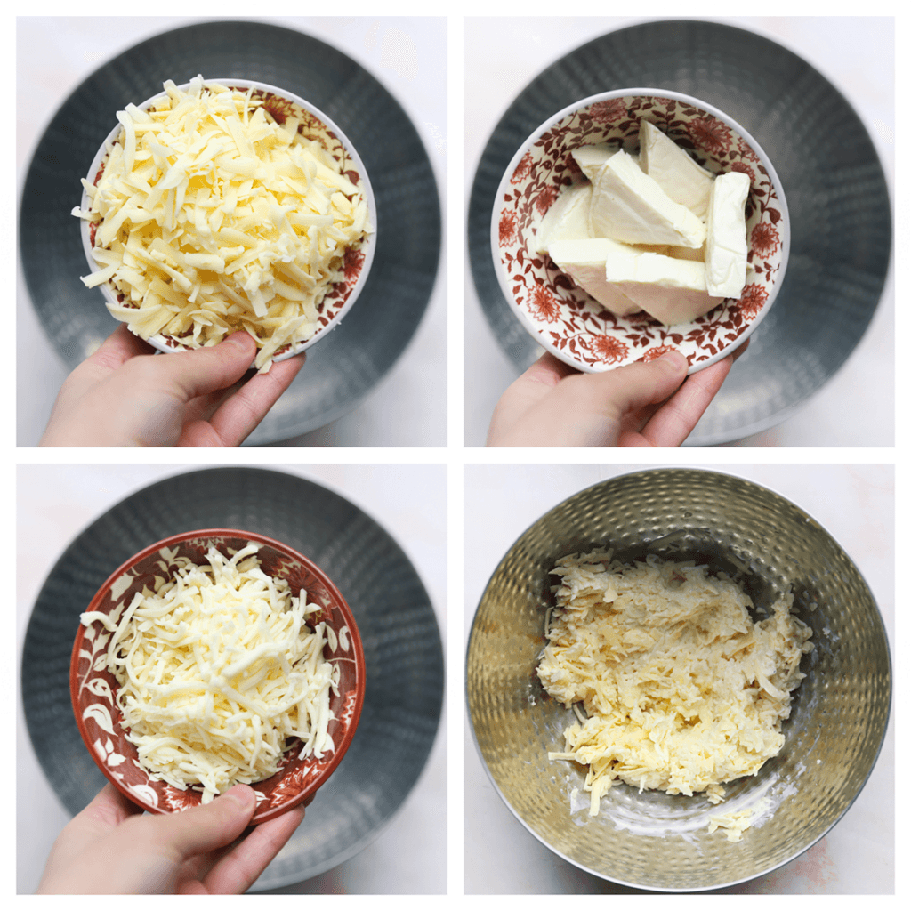 Doe de geraspte mozzarella, geraspte kaas en la vache qui rit in een kom. Meng tot een geheel. 