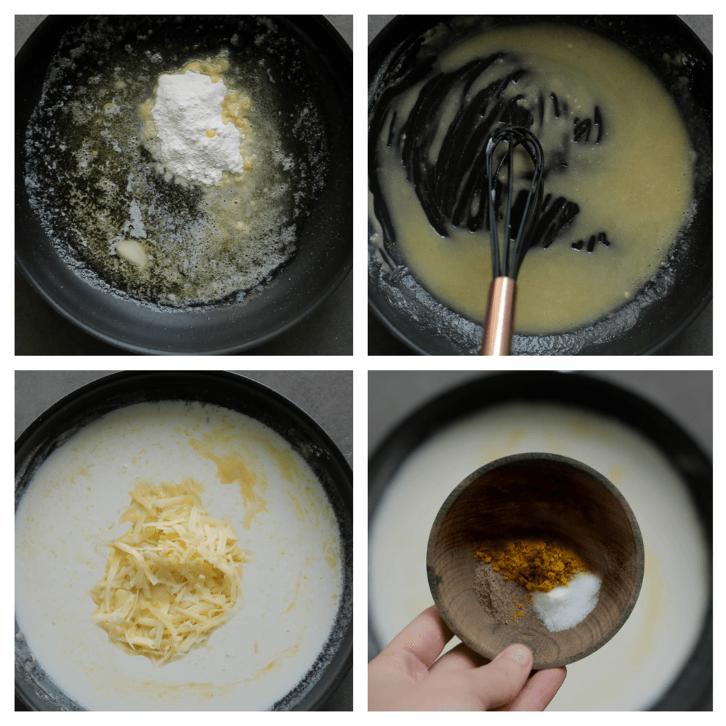 Smelt de roomboter in een koekenpan op laag vuur. Voeg de bloem toe en kook, al roerend, 1 minuut met een garde. Voeg de melk toe en roer tot een geheel. Wanneer het dikkig is, voeg je de geraspte kaas toe. Roer met een garde tot er een mooie gladde saus is ontstaan. Breng de saus op smaak met zout, zwarte peper en verkruimel het halve kippenbouillonblokje boven de pan. Meng goed.