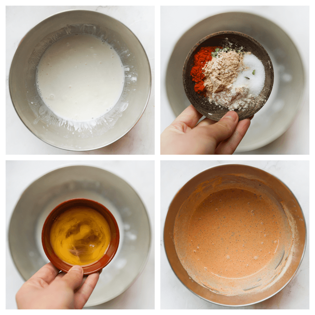 Doe de karnemelk, het zout, knoflookpoeder, uienpoeder, paprikapoeder, de gedroogde peterselie, cayennepeper, zwarte peper, het ei en de honing in een diepe kom. Meng goed.