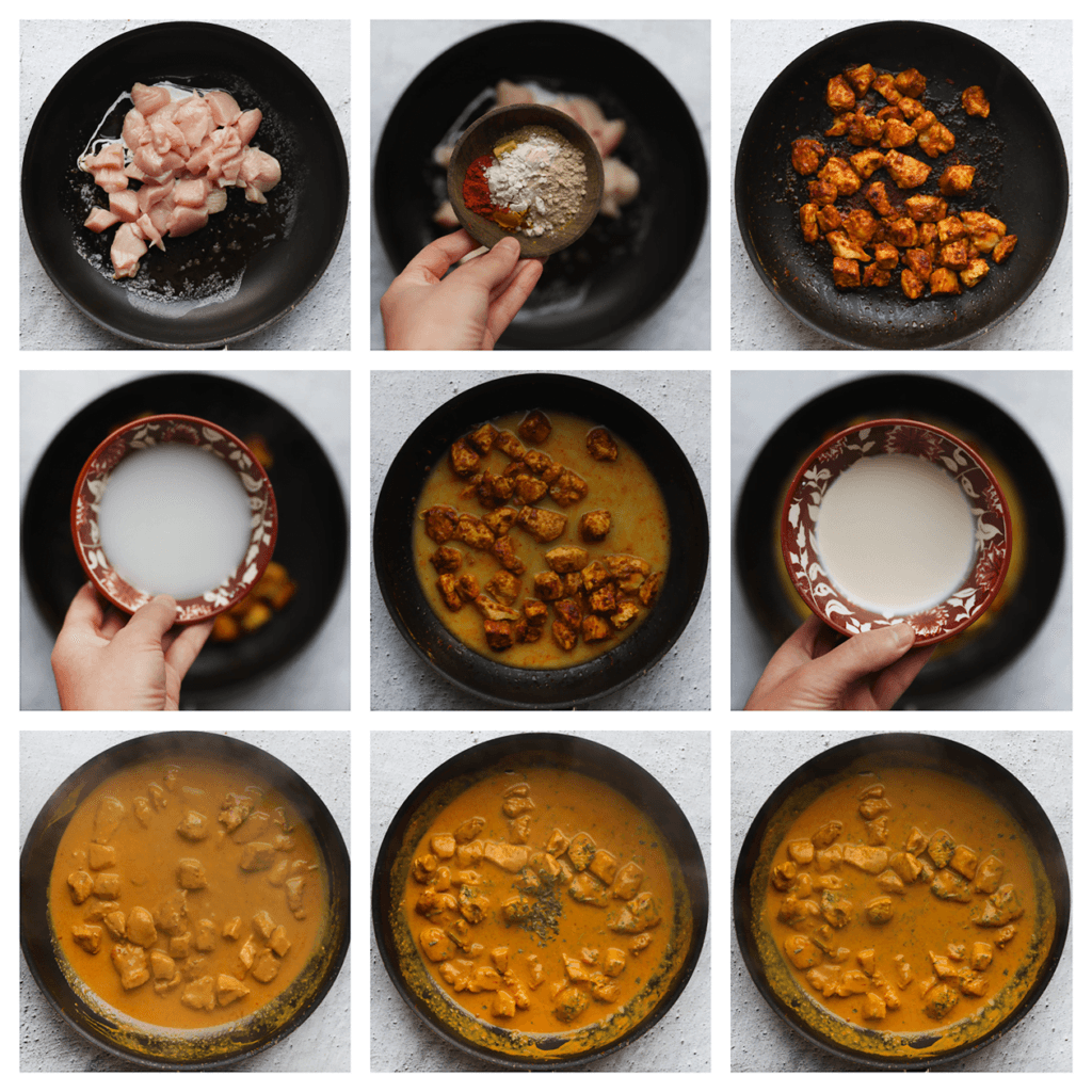 Was en snijd de kipfilet in blokjes. Verhit de olijfolie in een koekenpan op middelhoog vuur. Voeg de kip, currypoeder, knoflookpoeder, uienpoeder, cayennepeper en paprikapoeder toe, en verkruimel het halve kippenbouillonblokje boven de pan. Bak 5-6 minuten. Voeg het maïzenamengsel en de ongeklopte slagroom toe. Zet het vuur hoog en kook tot de saus is ingedikt (blijf er wel bij staan). Zet het vuur uit en voeg de gedroogde peterselie toe. Meng goed.