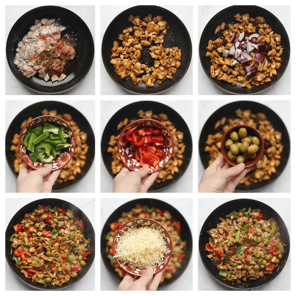 Verhit de olijfolie in een koekenpan op middelhoog vuur. Voeg de kip, het zout, paprikapoeder, komijnpoeder, de zwarte peper, knoflookpoeder, en gedroogde peterselie toe. Bak 3-4 minuten. Voeg de rode ui, groene paprika, rode paprika en groene olijven toe. Bak 3 minuten. Haal de pan van het vuur en voeg de geraspte kaas toe. Meng goed en laat afkoelen.