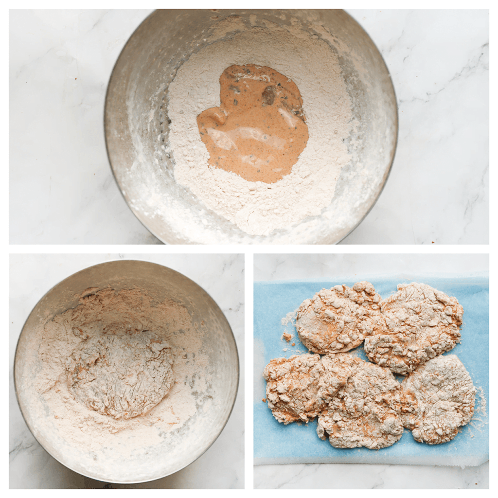 Haal de kip volledig door het bloemmengsel. Herhaal deze stap.