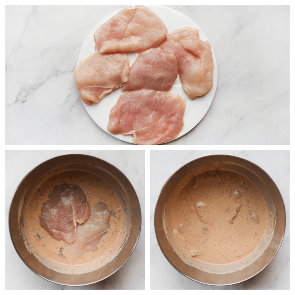 Was en snijd de kipfilet in stukken. Voeg de kip toe aan het karnemelkmengsel en leg 30 minuten, afgedekt, in de koelkast. 