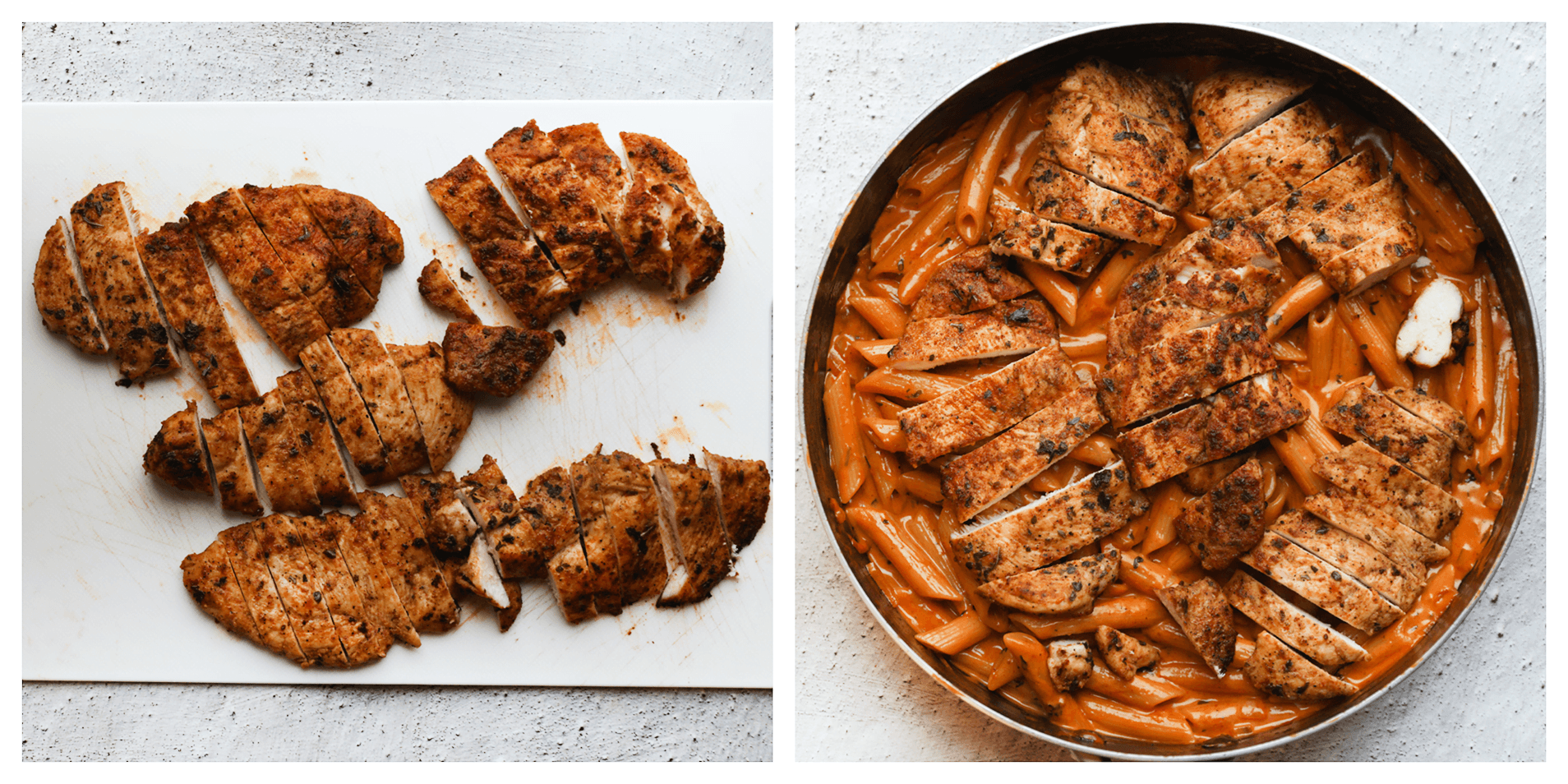 Kipfilet in stukken snijden en over de penne in cheddarsaus verdelen