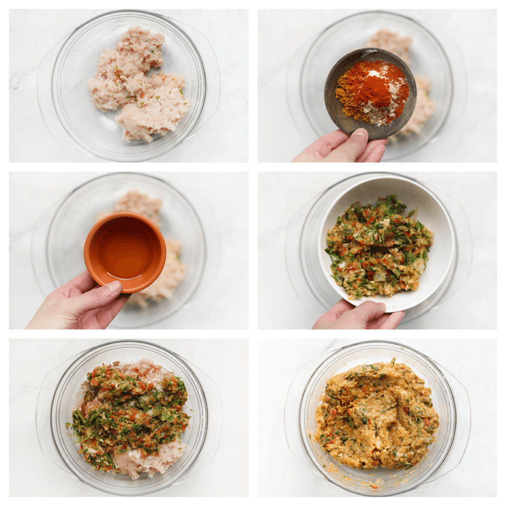 Doe het kipgehakt samen met het zout, knoflookpoeder, de ras el hanout, cayennepeper, uienpoeder, olijfolie en het groentemengsel in een diepe kom. Meng goed.