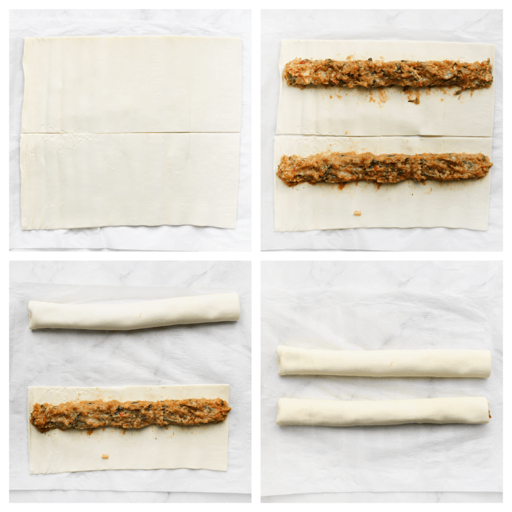 Neem het bladerdeeg en rol deze uit. Snijd doormidden en verdeel het kipmengsel in de lengte (als een staaf) over het bladerdeeg (185 g kip per rol). Rol goed in. Herhaal de werkwijze.