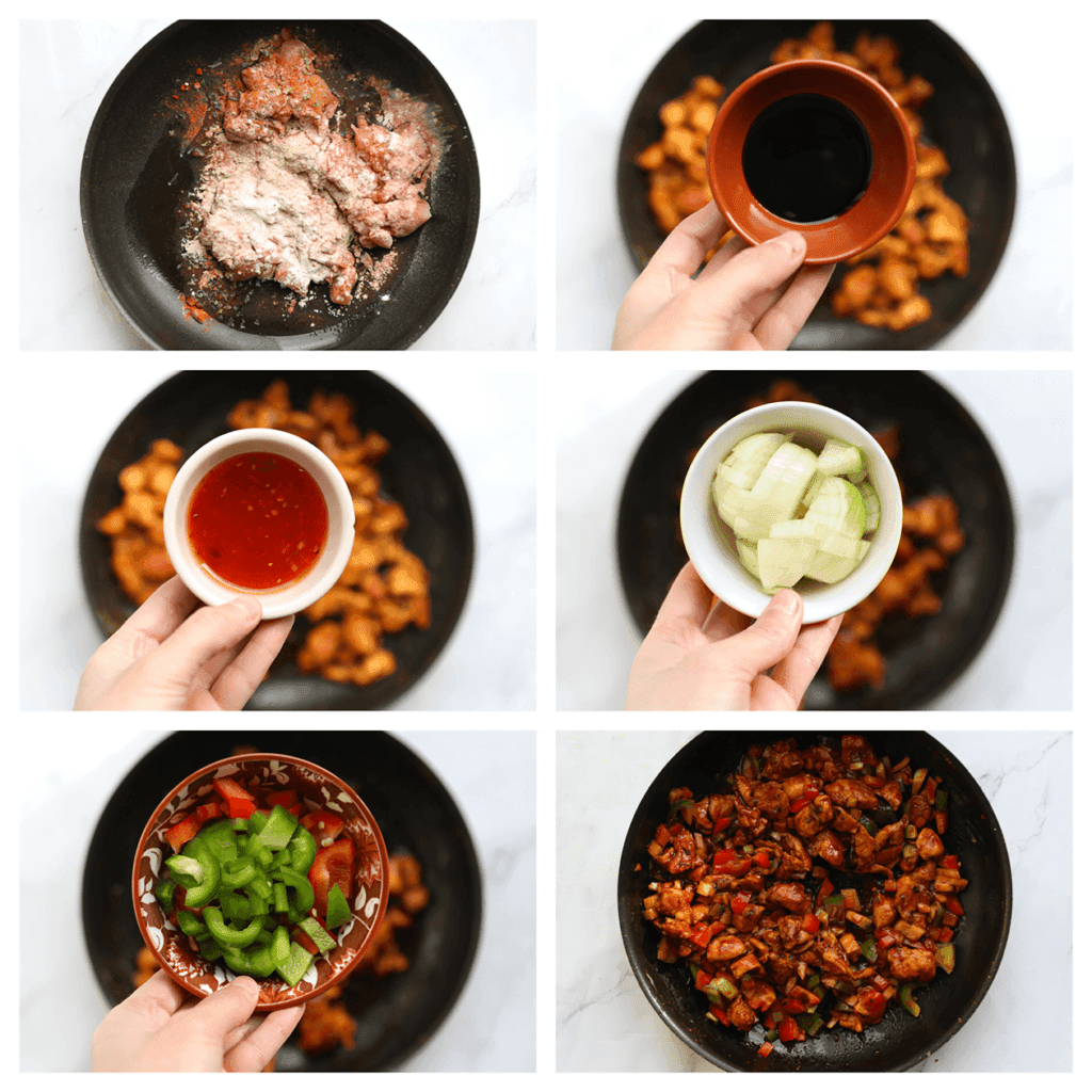 Was en snijd de kipfilet in stukken. Verhit de olijfolie in een koekenpan op middelhoog vuur. Voeg de kip, kipkruiden, paprikapoeder, cayennepeper, knoflookpoeder, uienpoeder en gedroogde peterselie toe. Bak 3-4 minuten. Voeg de ketjap manis en chilisaus toe. Bak tot een geheel. Voeg de gele ui, rode paprika en groene paprika toe. Bak 4-5 minuten.