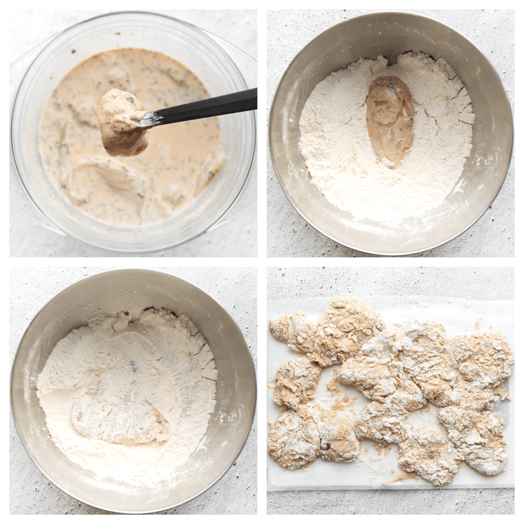 Neem een stuk kip en haal deze volledig door het bloemmengsel. Voor een extra crunchy laag kun je deze tweemaal door het bloemmengsel halen.