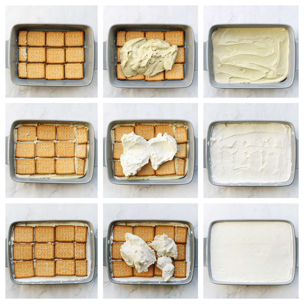 Haal de theebiscuit door de melk en verdeel deze over de bodem van een ovenschaal. Schep de pistache-room erop en smeer gelijkmatig uit. Haal de theebiscuit door de melk en leg er weer een laag op. Schep de helft van de room erover en smeer goed uit. Herhaal deze stap opnieuw.