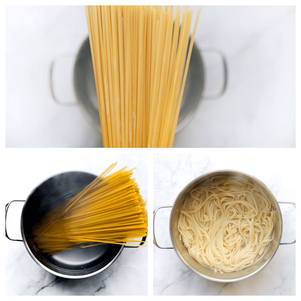 Breng een pan met halfvol water aan de kook. Voeg het zout toe en vervolgens de linguine. Kook 11-13 minuten. Schep 85 ml van het pastawater uit de pan en leg apart. Laat het overige water uitlekken.