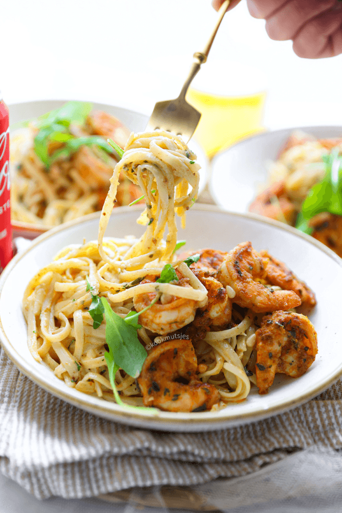 Linguine met garnalen Kookmutsjes eindresultaat