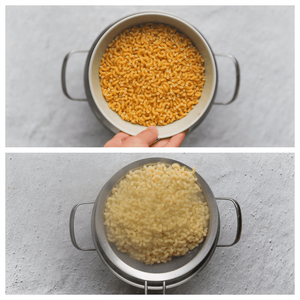 Breng ruim water aan de kook. Voeg de macaroni toe. Na een paar minuten roer je de macaroni los van elkaar. Kook in ca. 10-12 minuten gaar. Laat het water uitlekken.